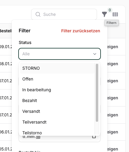 Bestellstatus-Filter