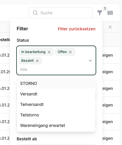 Mehrfachauswahl im Status-Filter
