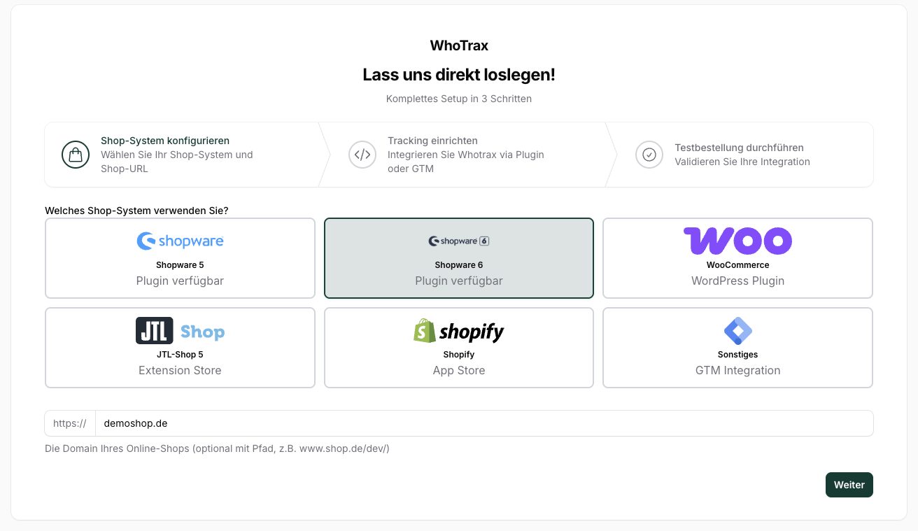 Onboarding Schritt 1: Shop-System auswählen