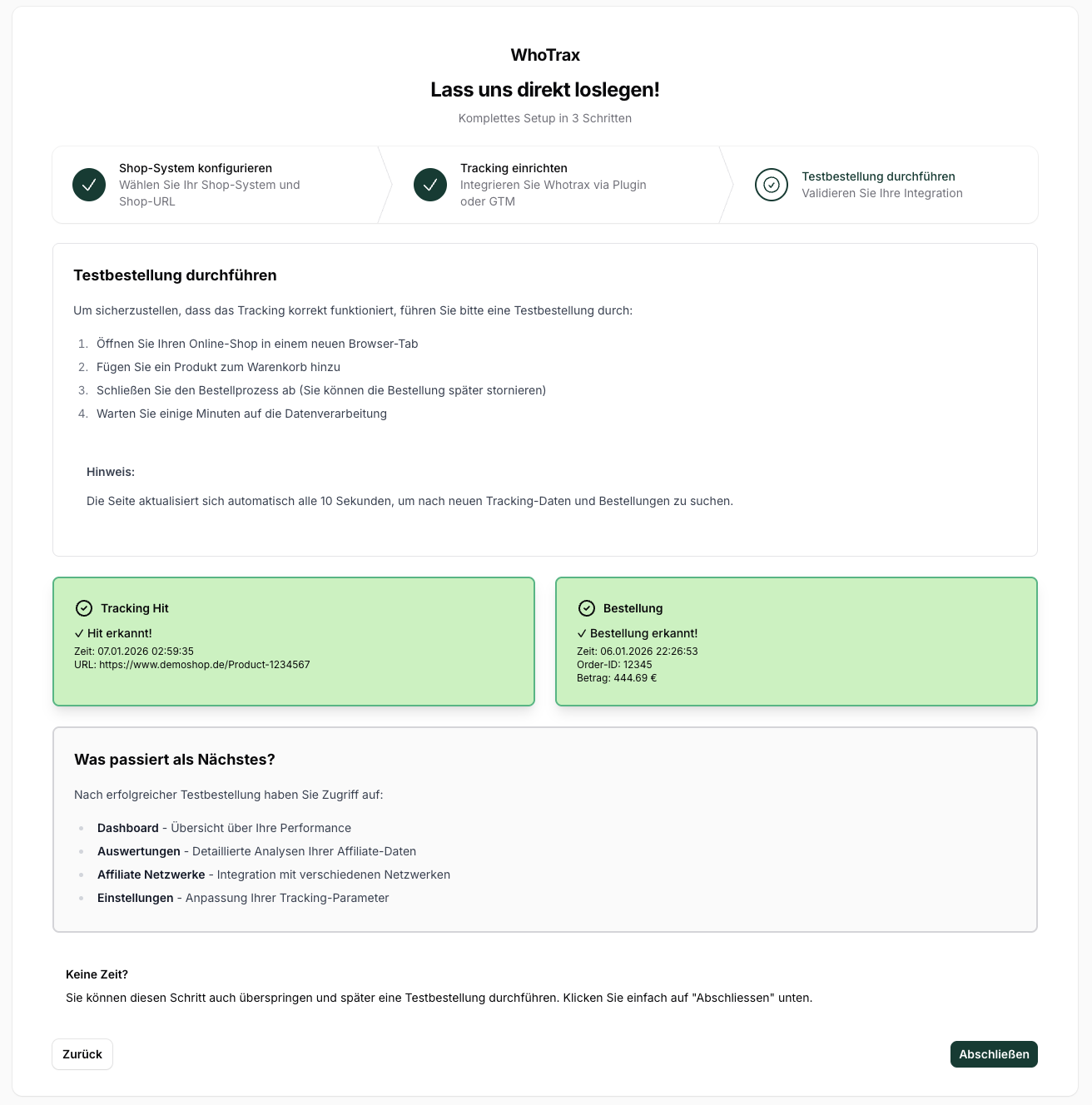 Onboarding Schritt 3: Testbestellung