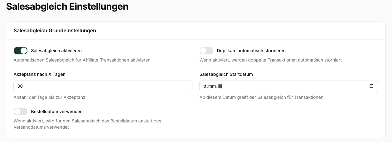 Salesabgleich Einstellungen